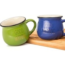 2'li Emaye Görünümlü Renkli Porselen Kupa Seti Good Morning Gold Yazılı 250 Ml,mavi & Yeşil