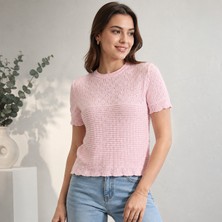 Novalisse Dantel Detay Ajurlu Kısa Kol Bisiklet Yaka Triko Bluz - Pembe