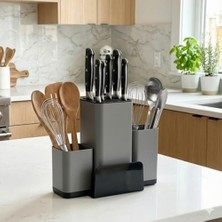 Antrasit Bıçak Organizeri ve Mutfak Gereçleri Düzenleyici – Çok Bölmeli, Kaymaz Tabanlı, Geniş Kapasiteli Bıçaklık – Ahşap ve Metal Kaşık, Çırpıcı, Spatula Saklama Standı