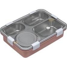 850ML Lunchbox Tek Katlı 4 Bölmeli ve Kaseli Çelik Sefer Tası Yemek Kutusu (Pembe)