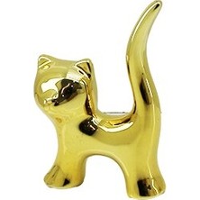 Kedi Tasarımlı Gold Seramik Biblo - Mini Boy - Parlak Altın Renk - Dekoratif Süs