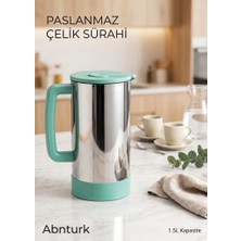 Abnturk Turkuaz Renk 304 Kalite Paslanmaz Çelik Sürahi 1.5 Litre Sıcak Soğuk Tüm Içecekler Için 18/10 Yaşam Boyu Garantili Çelik ile Üretildi