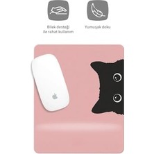 HOBISHOP(105) Pembe Kedi Çizimli Bilek Destekli Dikdörtgen Mouse Pad Mouse Altlığı. Pembe