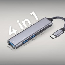 Type-C To USB Hub - 4 Portlu Alüminyum Çoklayıcı Dönüştürücü, Macbook, Laptop ve Telefon Uyumlu Tak Çalıştır Taşınabilir Çoklayıcı Adaptör (Gri)