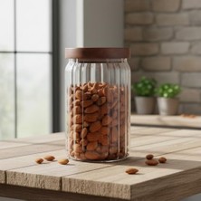 Akasya Kapaklı Çizgili Cam Kavanoz (750 Ml) | Hava Geçirmez, Modern Fitilli Tasarım Gıda Saklama Kabı | Bakliyat, Kahve, Çay ve Kuruyemiş Kavanozu (9X15 Cm)
