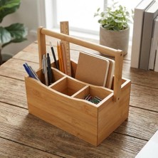 4 Bölmeli Bambu Kaşıklık ve Organizer - Tezgah Üstü Çatal Bıçak Düzenleyici Taşıma Kulplu Servis Standı (23 x 16 x 12 Cm)