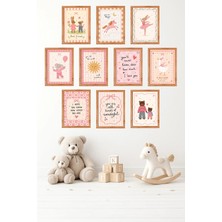 UNT 10'lu Çerçeve Görünümlü Bebek & Çocuk Odası Sevimli Hayvan Figürlü Pembe Nursery Tablo Seti 15X20 cm Mdf Uv Baskı