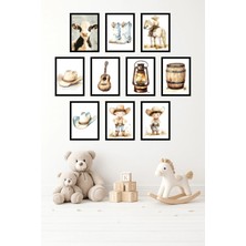 UNT 10'lu Çerçeve Görünümlü Boho | Sevimli Kovboy, Şapka, At, Gitar Tablo Seti 15X20 cm Mdf Uv Baskı