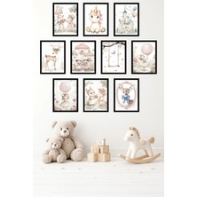 UNT 10'lu Çerçeve Görünümlü Pastel Sevimli Hayvanlar, Unicorn Temalı Tablo Seti– 15X20 cm Mdf Uv Baskı