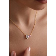 Minon - Baget ve Pembe Kalp Taşlı Romantik Kolye - 925 Ayar Gümüş