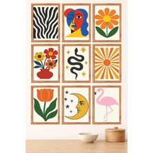 UNT Modern Retro Desenli 9’lu Mdf Tablo Seti 15X20 Uv Baskı Çerçeve Görünümlü
