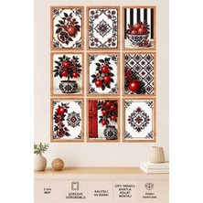 UNT Nar Motifli Siyah Kırmızı Dekoratif Mdf Tablo Seti – 9 Parça Modern Desen Koleksiyonu