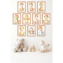 UNT 10'lu Çerçeve Görünümlü Vintage Hayvan | Sevimli Dinazor Posterler Tablo Seti 15X20 cm Mdf Uv Baskı