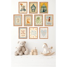 UNT 10'lu Çerçeve Görünümlü Retro Sirk Temalı Çocuk Odası – Sevimli Hayvan ve Motivasyon Tablo Seti 15X20 cm Mdf Uv Baskı