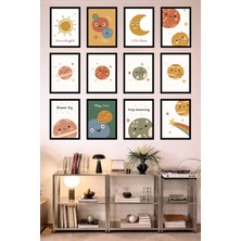 UNT 12'li Çerçeve Görünümlü Çocuk Odası Uzay Temalı – Sevimli Gezegenler ve Ay Güneş Tablo Seti 15X20 cm Mdf Uv Baskı
