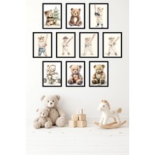 UNT 10'lu Çerçeve Görünümlü Ayıcık | Sevimli Hayvan | Iskandinav Tablo Seti 15X20 cm Mdf Uv Baskı