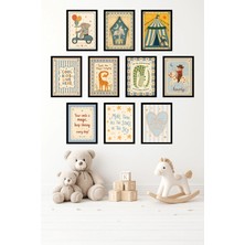 UNT 10'lu Çerçeve Görünümlü Retro Sirk Temalı Çocuk Odası – Sevimli Hayvan ve Motivasyon Tablo Seti 15X20 cm Mdf Uv Baskı