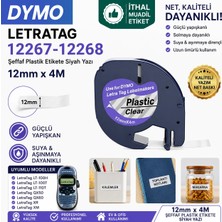 Puun Dymo Letratag LT-100T 12267-12268 Laminasyon Muadil Etiket Kaseti 12MM x 4m Şeffaf Plastik Etikete Siyah Yazı Güçlü Yapışkan