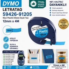Puun Dymo Letratag 91205 59426 Laminasyon Muadil Etiket Kaseti 12MM x 4m Mavi Plastik Etikete Siyah Yazı Güçlü Yapışkan