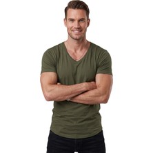 Rizzup Haki Erkek Slim Fit Derin V Yaka Basic Tişört %90 Pamuk Likralı Asimetrik Kesim 2602265