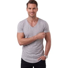 Rizzup Gri Erkek Slim Fit Derin V Yaka Basic Tişört %90 Pamuk Likralı Asimetrik Kesim 2602265