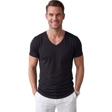 Rizzup Siyah Erkek Slim Fit Derin V Yaka Basic Tişört %90 Pamuk Likralı Asimetrik Kesim 2602265