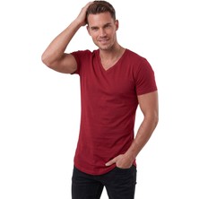 Rizzup Bordo Erkek Slim Fit Derin V Yaka Basic Tişört %90 Pamuk Likralı Asimetrik Kesim 2602265