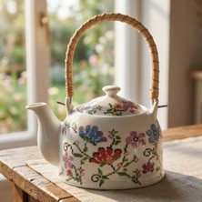 Maxi Trendy Porselen Çini Piraye Demlik - Bambu/hasır Saplı, Ateşe Dayanıklı Nostaljik Bitki Çayı ve Çay Demliği (900 ml - 2 Farklı Desen Seçeneği) (Pıraye)