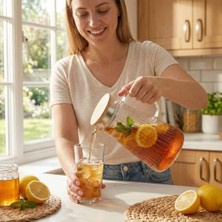 Maxi Trendy Akasya Kapaklı Borosilikat Cam Sürahi - 4 Farklı Model ve 1.8 Lt ve 2 Lt Büyük Boy Seçenekli Isıya Dayanıklı Meşrubat ve Su Karafı (Çizgili Konik 1.8 Litre)