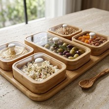 Maxi Trendy 6 Parça Bambu Kahvaltılık Seti - Şeffaf Akrilik Kapaklı Kırılmaz Çerezlik, Reçellik ve Kahvaltı Sunum Tabağı (32.5 x 22 x 4 Cm)