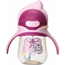 Maxi Trendy Rovco 250ML Pipetli Sevimli Hayvanlar Desenli Akıllı Pipet Toplu Tritan Su Biberon-Matarası (Koyu Pembe)