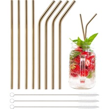 Maxi Trendy 6'lı Paslanmaz Çelik Pipet + 3 Adet Temizleme Fırçası Gold