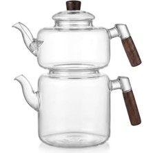 Maxi Trendy Akasya Cam Çaydanlık Takımı 1800 ml + 950 ml - Ahşap Kulplu Isıya Dayanıklı Borosilikat Şeffaf Çaydanlık
