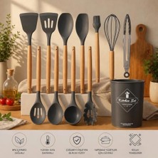 Maxi Trendy Neo Isıya Dayanıklı Silikon Yanmaz Yapışmaz Standlı 11 Parça Servis Seti Mutfak Seti Kaşık Kepçe Seti Gri Renk