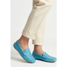 Alfaze Mavi Hakiki Deri Modern Loafer Konfor Babet Ayakkabı Topuk Boyu 1 cm