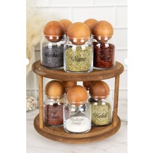 DNS Home 10'lu Ahşap Top Kapaklı Koyu Ahşap Döner Standlı Etiketli Cam Baharatlık Seti Saklama Kavanozu 300ML