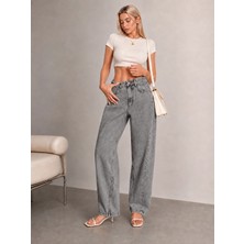 Shevega Kadın Füme Yüksek Bel Geniş Paça Bol Kesim Yıkama Baggy Jeans Salaş Kot Pantolon