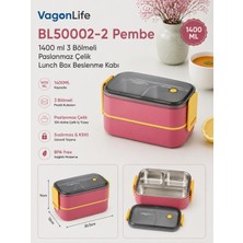 Vagonlife BL50002-2 Pembe 1400 ml 3 Bölmeli Paslanmaz Çelik Lunch Box Beslenme Kabı