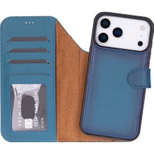 Apple iPhone 17 Pro Max Için, Hakiki Deri, El Yapımı Cüzdanlı Kılıf, Magsafe ile Uyumlu, Iç Yüzeyi Kadife, Gölgeli Mavi