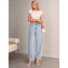 Shevega Kadın Buz Mavi Yüksek Bel Geniş Paça Bol Kesim Yıkama Baggy Jeans Salaş Kot Pantolon