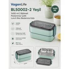 Vagonlife BL50002-2 Yeşil 1400 ml 3 Bölmeli Paslanmaz Çelik Lunch Box Beslenme Kabı