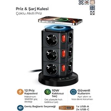Azurtech Kule Tipi Akım Korumalı Priz 12LI Çoklu Priz 3 USB Wireless Şarj Type-C Uzatma Kablosu Ofis Ev