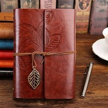 1001 Yaprak Desenli Kahverengi Deri Defter Dekoratif Hediyelik