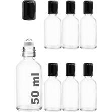 1001 50 ml Çelik Roll On Şişesi 50 cc Sızdırmaz Siyah Kapaklı Cam Şişe 6 Adet (Şeffaf, 50)
