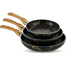 1001 Papilla Desert 3'lü Maxi Tava Seti Siyah Gold Izmir - 20/24/28 cm Yanmaz Yapışmaz Granit Efektli