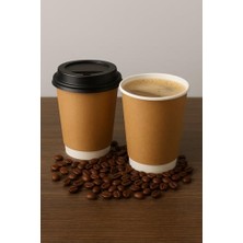 1001 14 Oz Double Wall Kraft Görünüm Karton Bardak + Siyah Kapaklı 25'li