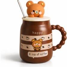1001 Sevimli Ayıcık Figürlü Kapaklı Seramik Mug 300ML Kahve Kupası Kaşıklı Tasarım Kupa Ofis Ma