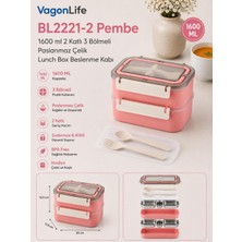 Vagonlife BL2221-2 Pembe 1600 ml 2 Katlı 3 Bölmeli Paslanmaz Çelik Lunch Box Beslenme Kabı