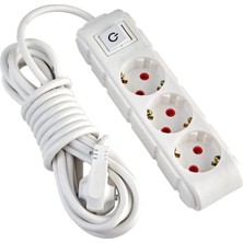 1001 3lü Anahtarlı Grup Priz 5 Metre 16A 250V, Üçlü Topraklı Uzatma Kablosu 5 Metre (Beyaz)