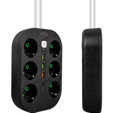 1001 6'lı Anahtarlı Siyah Priz, 1.5 Metre Kablo, 3 x Usb, 1 x Type-C Pd Girişli, Grup Priz, 10AH Anaht